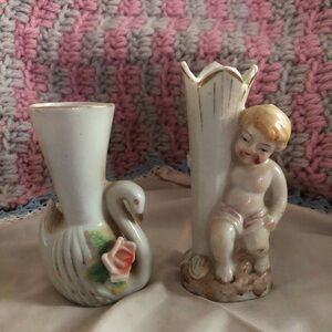 Porcelain Swan Bud Vase & Cherub Figurine - White with Pink Accents